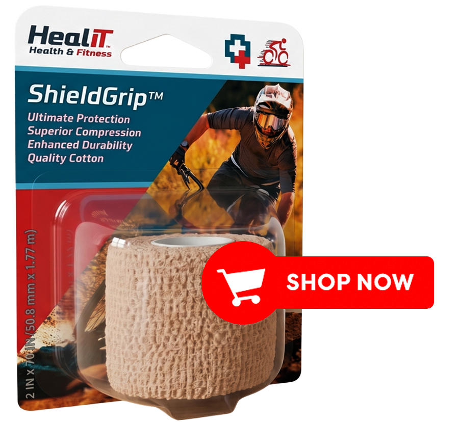 A package of ShieldGrip™ Compression Wrap with a cyclist on the label, featuring a prominent red Shop Now button overlaid on the image.