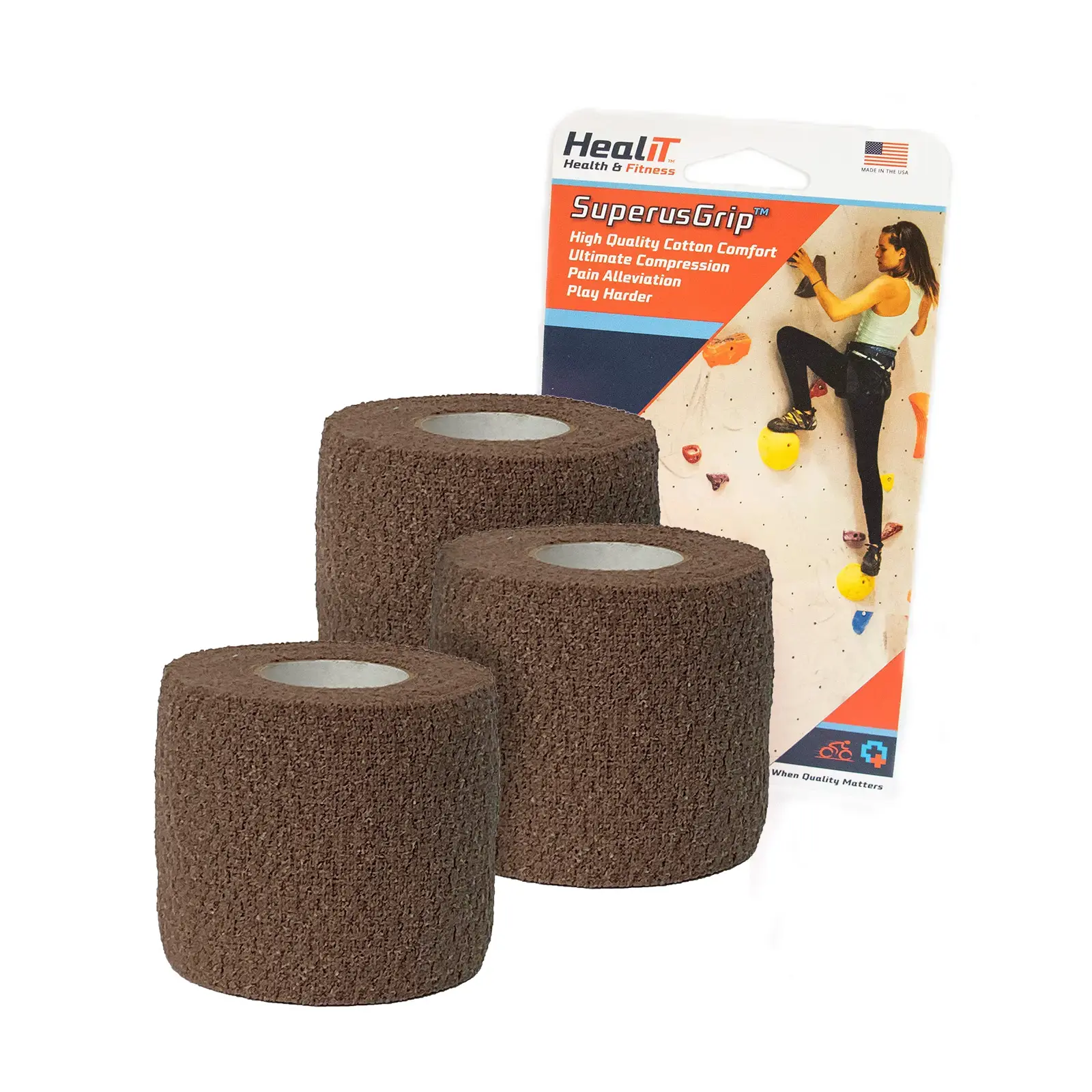 Three rolls of Chocolate Brown SuperusGrip™ Compression Wrap, ideal as a self-adhering sports wrap
