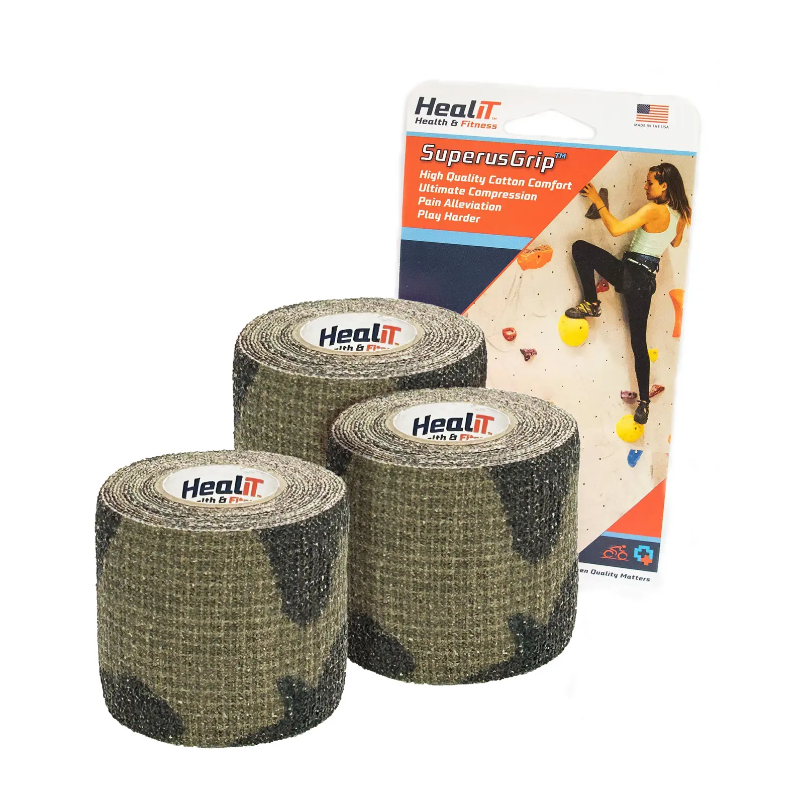 Three rolls of camouflage SuperusGrip™ Compression Wrap, a self-adhering athletic tape, are displayed next to the product packaging that depicts a person climbing a rock wall.