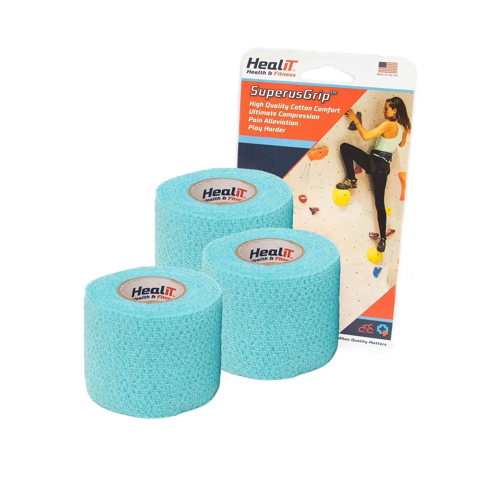 Three rolls of Teal SuperusGrip™ Compression Wrap are displayed in front of the product packaging