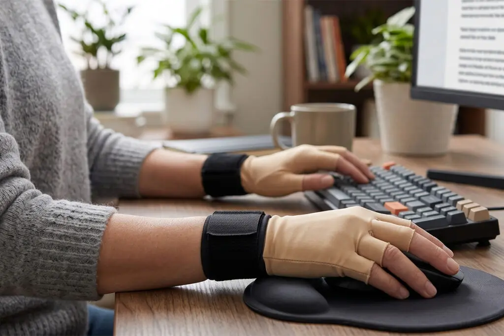 Close-up of compression gloves for arthritis and wrist pain