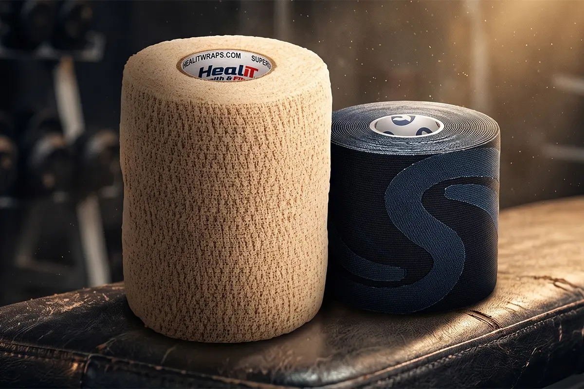 Two rolls of athletic wrap sit side by side on a leather surface; one is beige and textured, the other is smooth and black with a blue design, offering a clear compression wrap comparison for those considering sports tape alternatives.