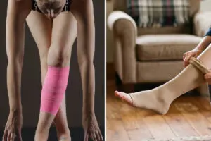 Split image: Left side shows a person with a pink compression wrap on their lower leg. Right side shows a person putting on beige compression socks while sitting on a couch, providing a clear comparison of the two support options.