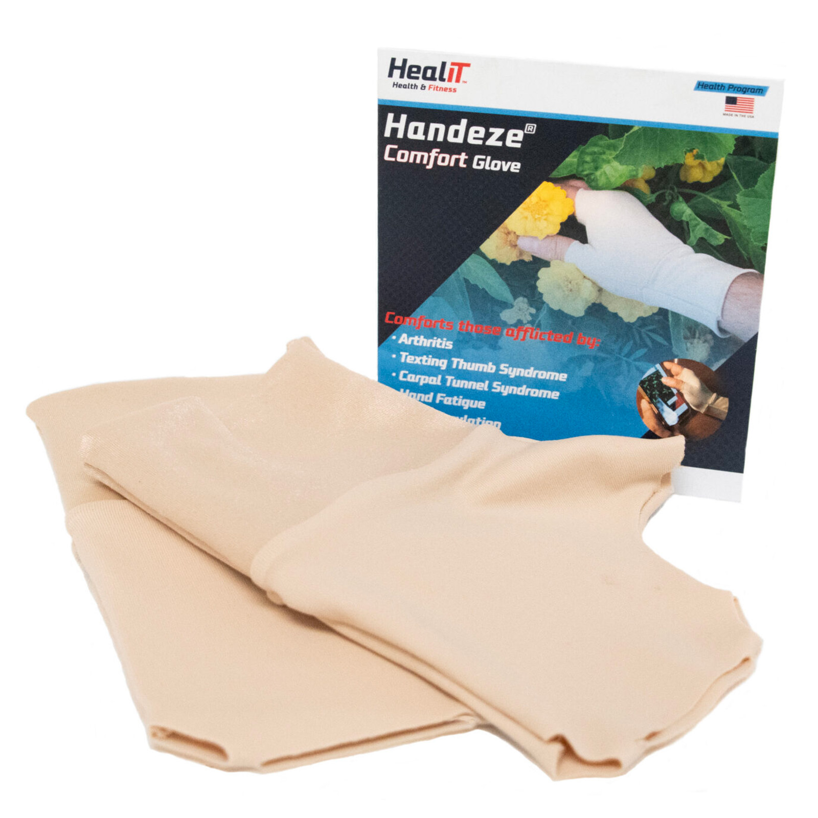 Beige compression gloves are shown in front of Handeze Comfort Glove packaging, which lists conditions like arthritis and carpal tunnel syndrome, offering gentle support similar to a compression wrap.