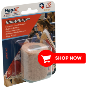 A ShieldGrip™ Compression Wrap, beige, 2" x 7m, shown next to a Shop Now button.