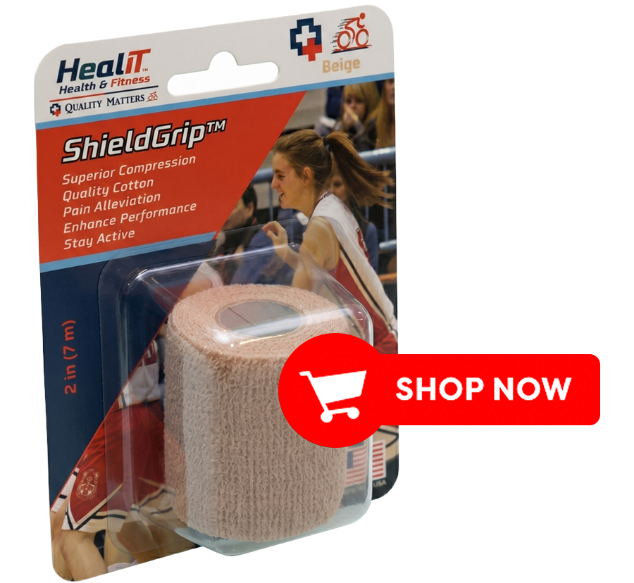 A ShieldGrip™ Compression Wrap, beige, 2" x 7m, shown next to a Shop Now button.