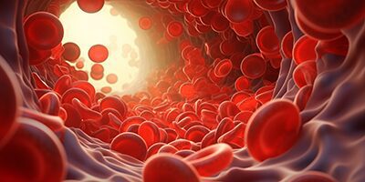 Illustration of red blood cells flowing through a blood vessel, with light shining from one end and a subtle hint of a compression wrap supporting the vessel walls.