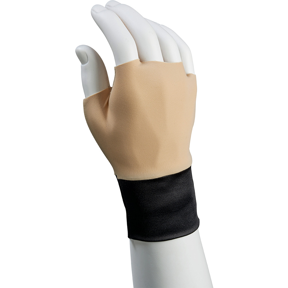 A mannequin hand wearing a beige and black compression glove with exposed fingertips, featuring a supportive compression wrap design.