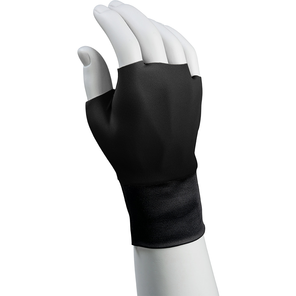 A white mannequin hand displays a black, fingerless compression wrap or glove covering the wrist and part of the hand.