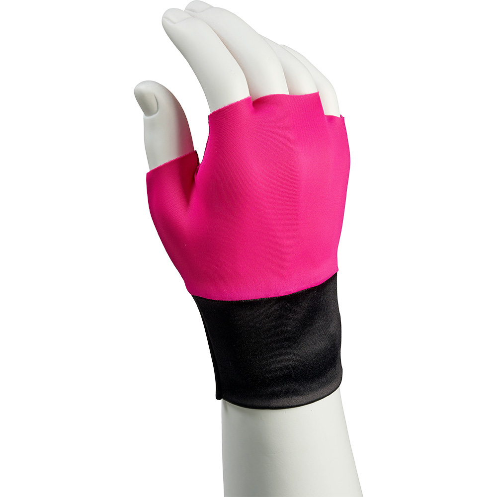 A white mannequin hand wearing a fingerless glove with a pink upper section and a black wrist section, resembling a stylish compression wrap.