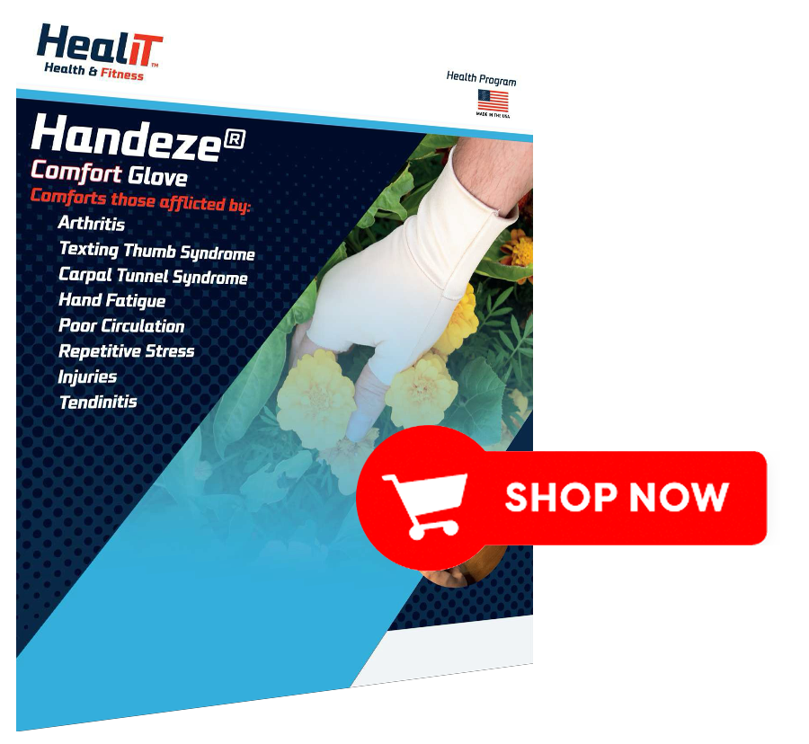 A gardener wearing a white glove is shown; an ad overlay promotes the Handeze Comfort Glove for arthritis and hand pain relief, featuring a red Shop Now button.