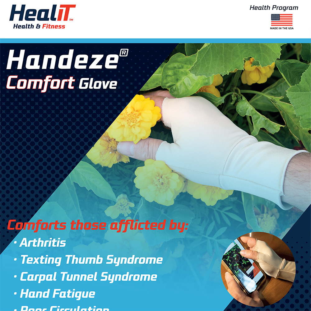 A person wearing a white glove picks a yellow flower; inset shows someone using a phone while wearing the same compression wrap glove. Text promotes the glove for hand comfort and various conditions.
