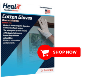 A person in white HealiT Cotton Gloves adjusts a framed picture. Packaging highlights health and compression features, plus usage info. A red "Shop Now" button is displayed.