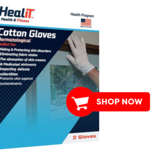 A person in white HealiT Cotton Gloves adjusts a framed picture. Packaging highlights health and compression features, plus usage info. A red "Shop Now" button is displayed.