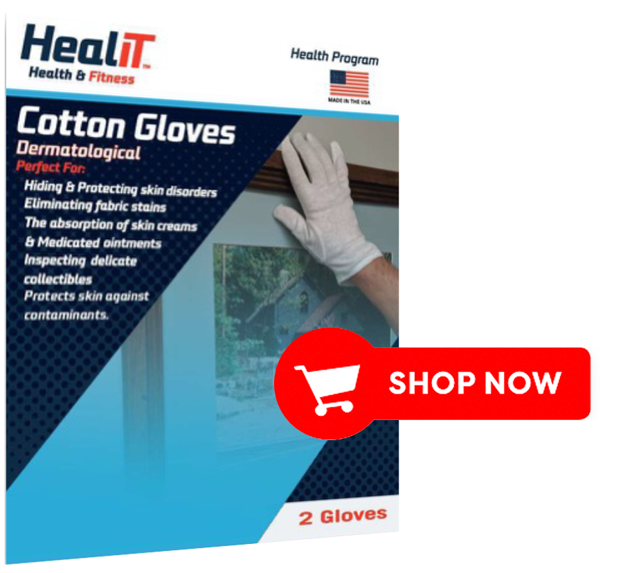 A person in white HealiT Cotton Gloves adjusts a framed picture. Packaging highlights health and compression features, plus usage info. A red "Shop Now" button is displayed.