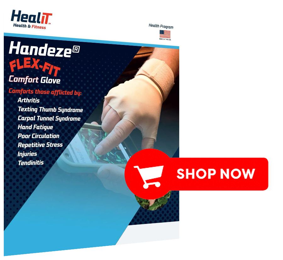 A person wearing a beige Handeze Comfort Glove uses a smartphone. The ad highlights relief for arthritis and hand fatigue, with a prominent red Shop Now button visible.