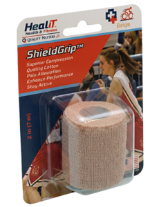 A packaged roll of beige compression wrap bandage labeled ShieldGrip for pain relief and support, displayed in retail packaging.
