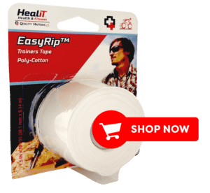 A package of ShieldGrip™ Compression Wrap (poly-cotton compression wrap) with a red Shop Now button overlay.