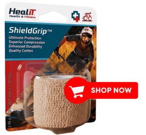 A package of ShieldGrip™ Compression Wrap with a cyclist on the label, featuring a prominent red Shop Now button overlaid on the image.