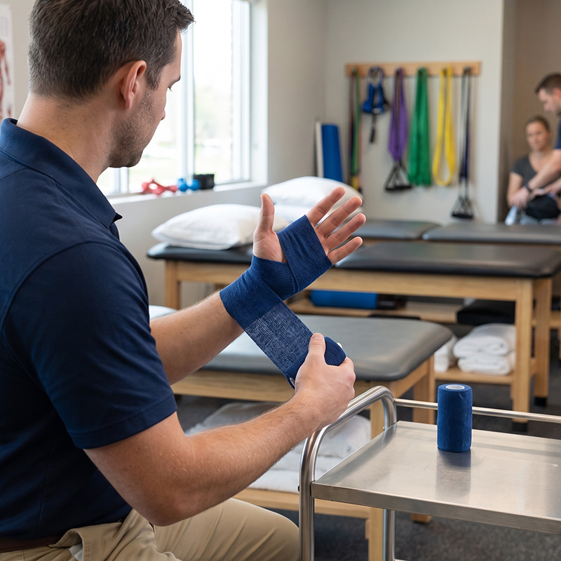 A man wraps his wrist with a blue bandage in a physical therapy clinic, with tables, towels, and exercise bands visible in the background—perfect for those seeking a healit bulk purchase to equip their facility with essential rehabilitation supplies.
